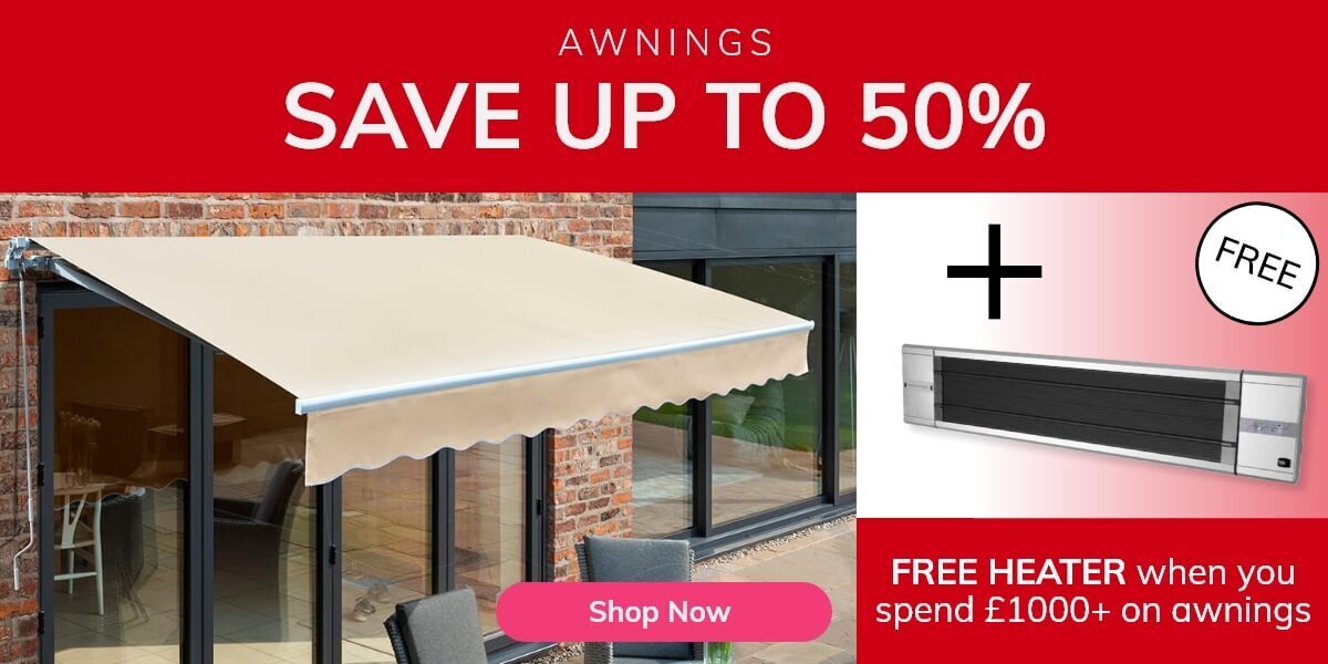Save up to 60% on selected Awnings with free heater over £1000 - limited time offer