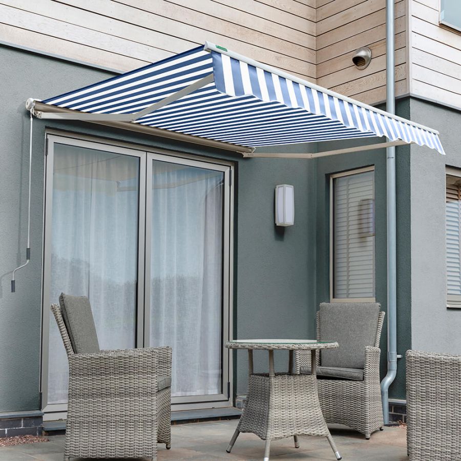 5.0m Half Cassette Electric Awning, Blue and White Stripe