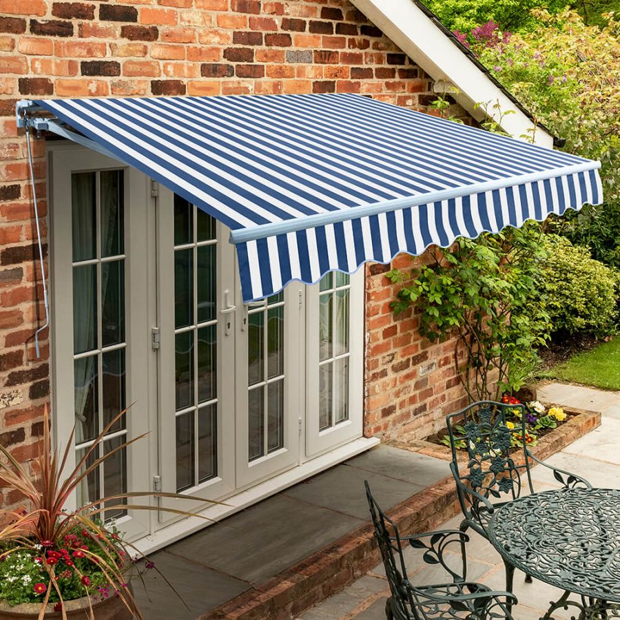 3.0m Standard Manual Awning, Blue and White Stripe